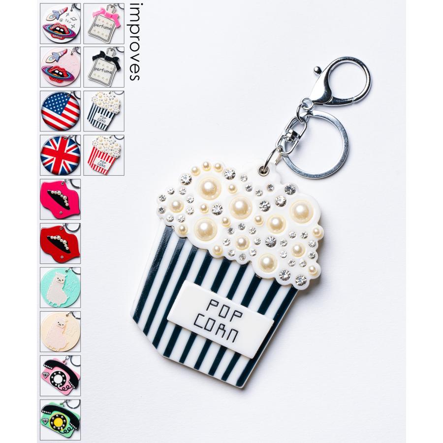 ミラーキーホルダー 鏡 コンパクト スライド アクリル キーリング チャーム 唇 ポップコーン 香水 宇宙 Y2K ストリート ポップ 雑貨 ギフト | improves