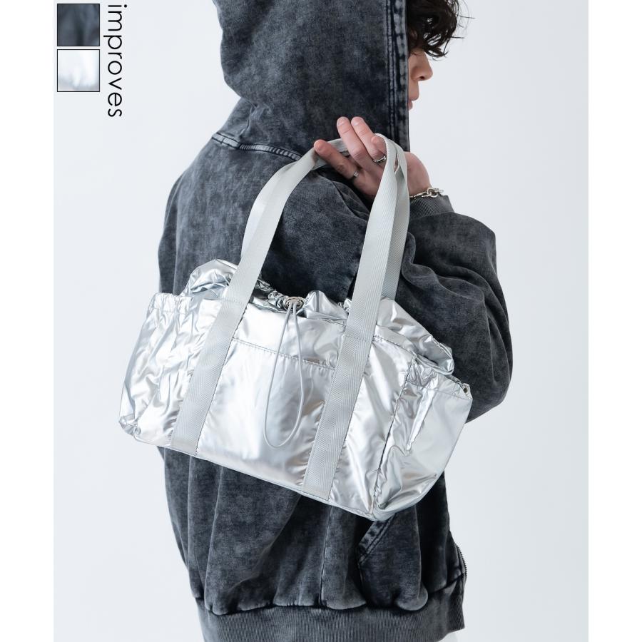 ミニボストンバッグ メンズ メタリック カバン 鞄 タウンユース フェス ライブ イベント  カジュアル モード 古着MIX 韓国ファッション Y2K  ブラック シルバー | improves