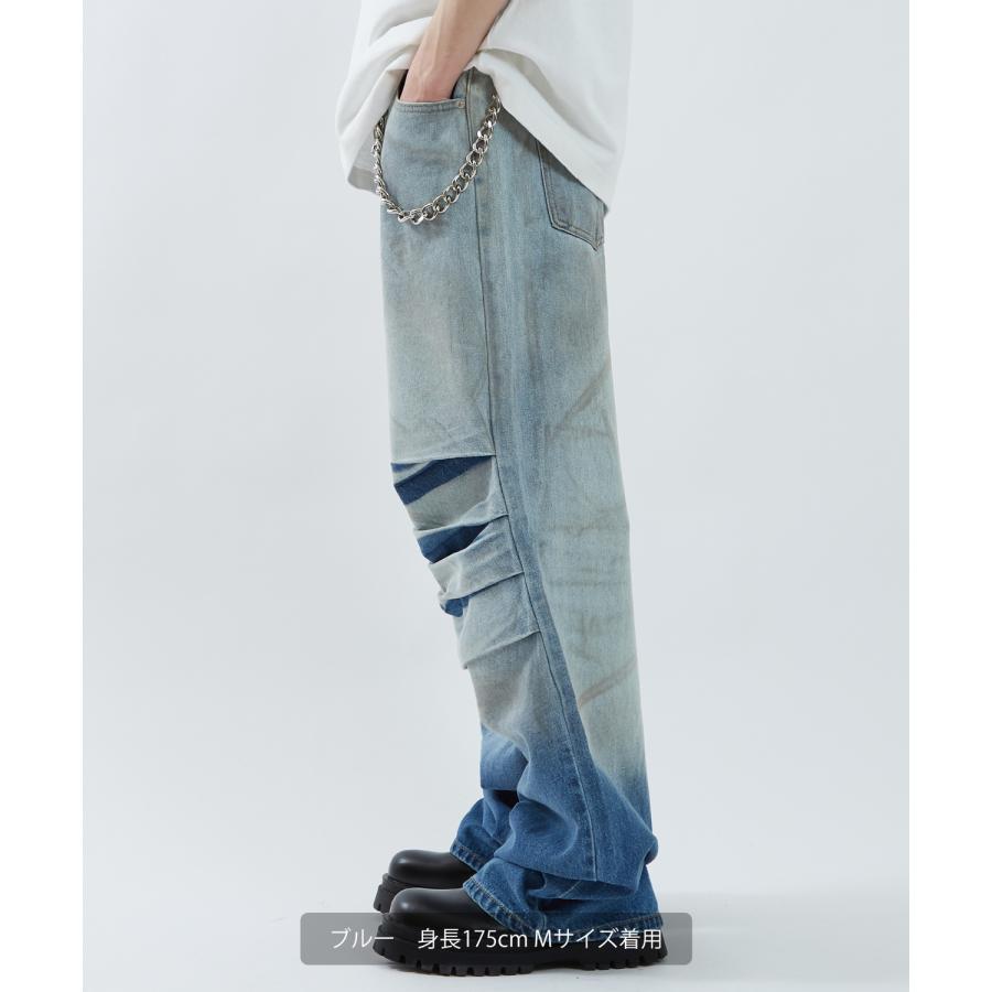 デニムパンツ メンズ ワイドパンツ ジーンズ Tシャツ ウォッシュ ダメージ グラデーション アメカジ カジュアル スケーター ストリート 韓国 | improves | 10