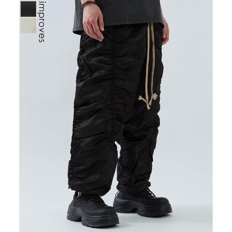 ナイロンパンツ メンズ レディース ギャザー Tシャツ アメカジ カジュアル スケーター ストリート 韓国ファッション ノームコア ブラック カーキグレー | improves