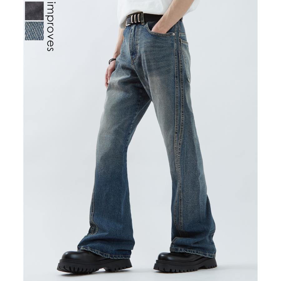 デニムパンツ メンズ ワイドジーンズ フレアデニム Tシャツ アメカジ カジュアル スケーター ストリート 韓国 ノームコア | improves