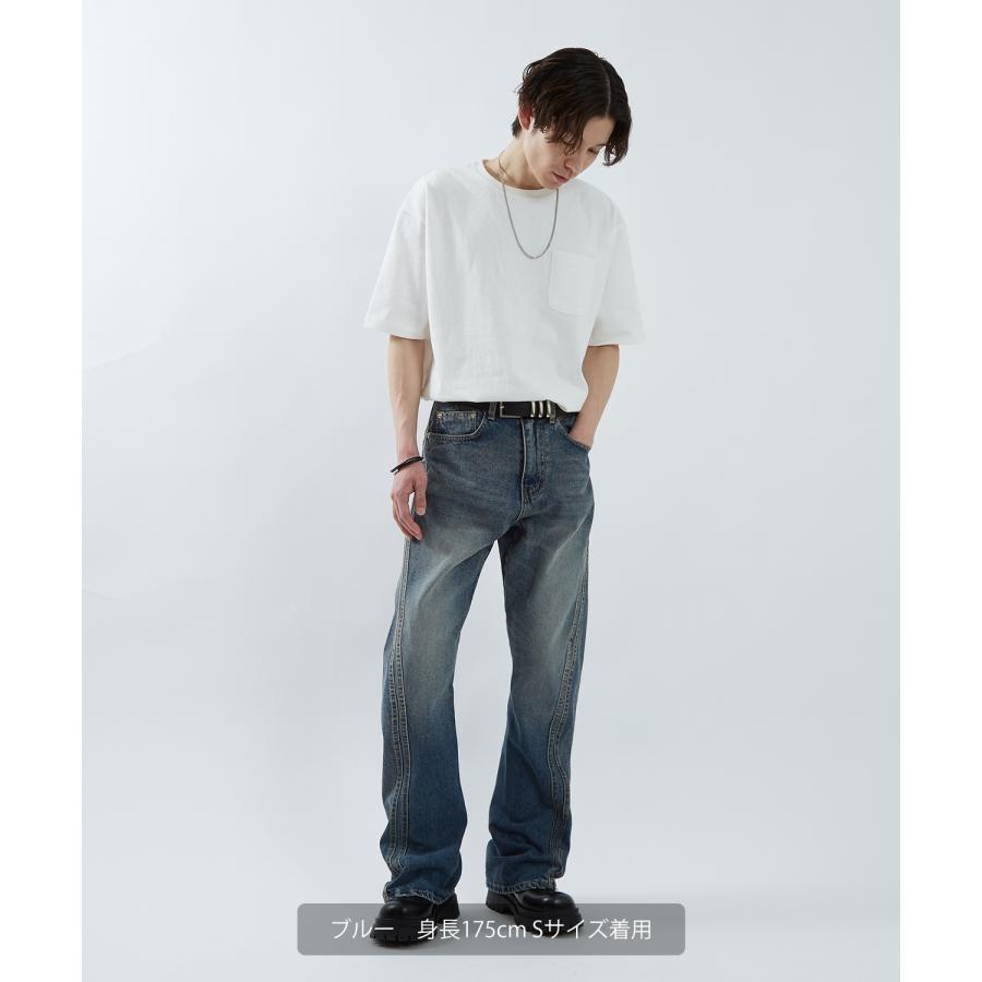 デニムパンツ メンズ ワイドジーンズ フレアデニム Tシャツ アメカジ カジュアル スケーター ストリート 韓国 ノームコア | improves | 06