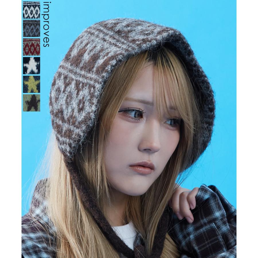 イヤーマフ メンズ レディース ユニセックス 帽子 ボア ニット帽 フライトキャップ ロシア帽 耳あて ノルディック柄 スター柄 もこもこ 防寒 Y2K ストリート | improves