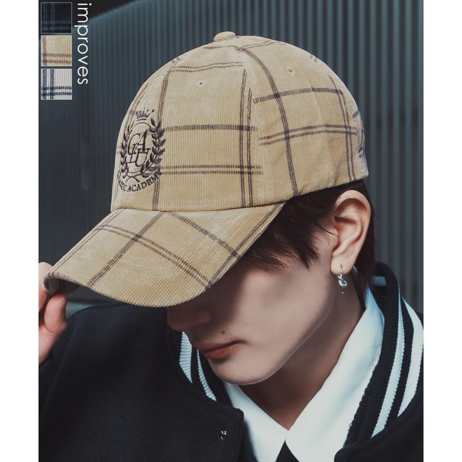 コーデュロイ チェック柄 キャップ ユニセックス ロゴ刺しゅう レトロ カジュアル アメカジ 古着MIX 韓国 ベースボールキャップ 帽子 | improves