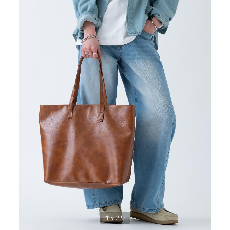 トートバッグ メンズ 合皮 レザー カバン 鞄 通学 通勤 旅行 きれいめ カジュアル 古着MIX 韓国ファッション Y2K ブラック ダークブラウン キャメル | improves | 06