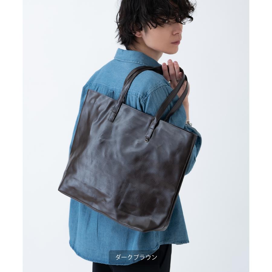 トートバッグ メンズ 合皮 レザー カバン 鞄 通学 通勤 旅行 きれいめ カジュアル 古着MIX 韓国ファッション Y2K ブラック ダークブラウン キャメル | improves | 07