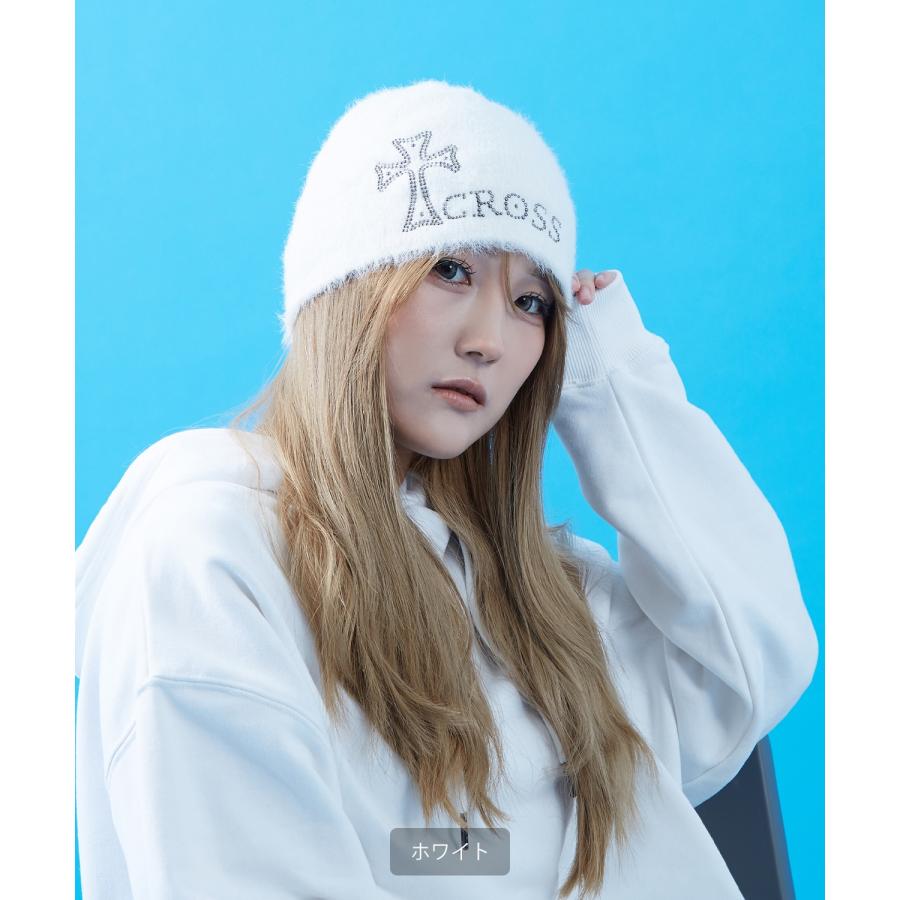 ビーニー ニットキャップ クロス デザイン スタッズ 刺繍風 秋冬 シャギー ストリート 韓国ファッション Y2K ユニセックス 防寒 帽子 | improves | 05