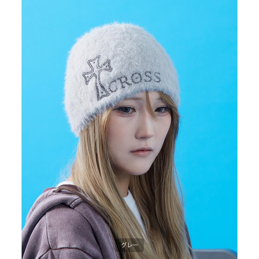 ビーニー ニットキャップ クロス デザイン スタッズ 刺繍風 秋冬 シャギー ストリート 韓国ファッション Y2K ユニセックス 防寒 帽子 | improves | 07