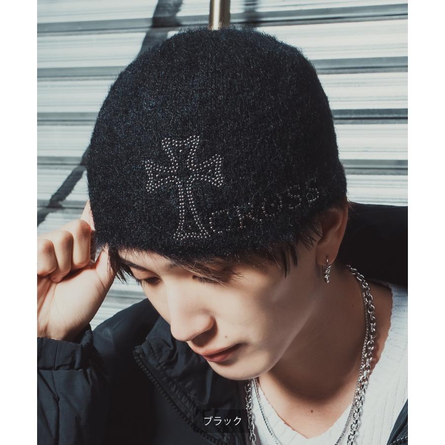 ビーニー ニットキャップ クロス デザイン スタッズ 刺繍風 秋冬 シャギー ストリート 韓国ファッション Y2K ユニセックス 防寒 帽子 | improves | 08