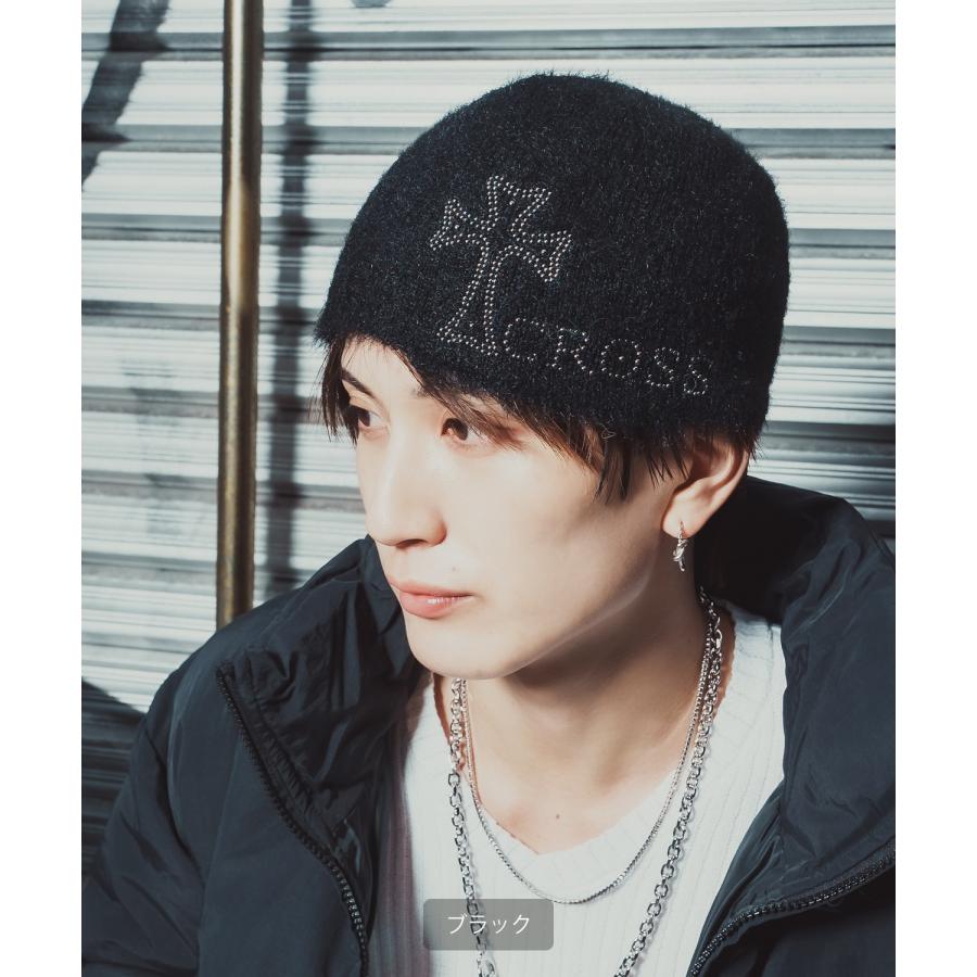 ビーニー ニットキャップ クロス デザイン スタッズ 刺繍風 秋冬 シャギー ストリート 韓国ファッション Y2K ユニセックス 防寒 帽子 | improves | 09