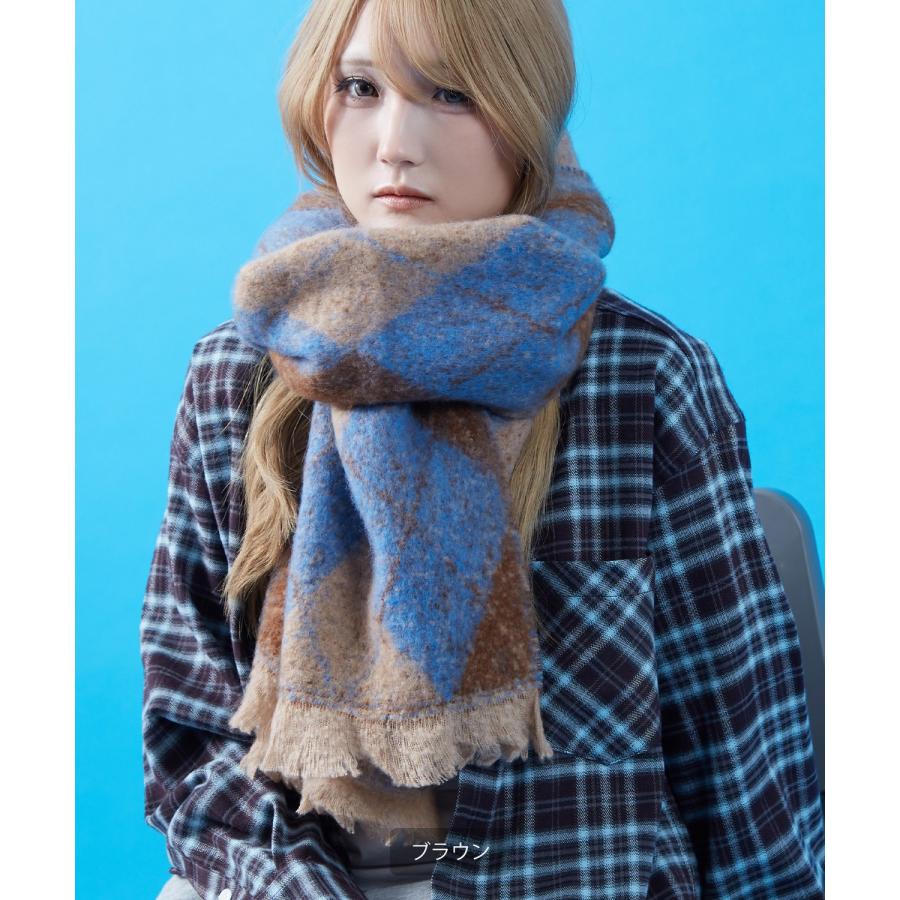 マフラー レディース メンズ 大判 厚手 ボリューム アーガイルチェック 柄マフラー フリンジ 防寒 暖かい ストリート カジュアル 韓国 ビッグシルエット | improves | 05