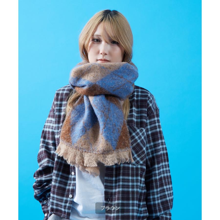 マフラー レディース メンズ 大判 厚手 ボリューム アーガイルチェック 柄マフラー フリンジ 防寒 暖かい ストリート カジュアル 韓国 ビッグシルエット | improves | 06