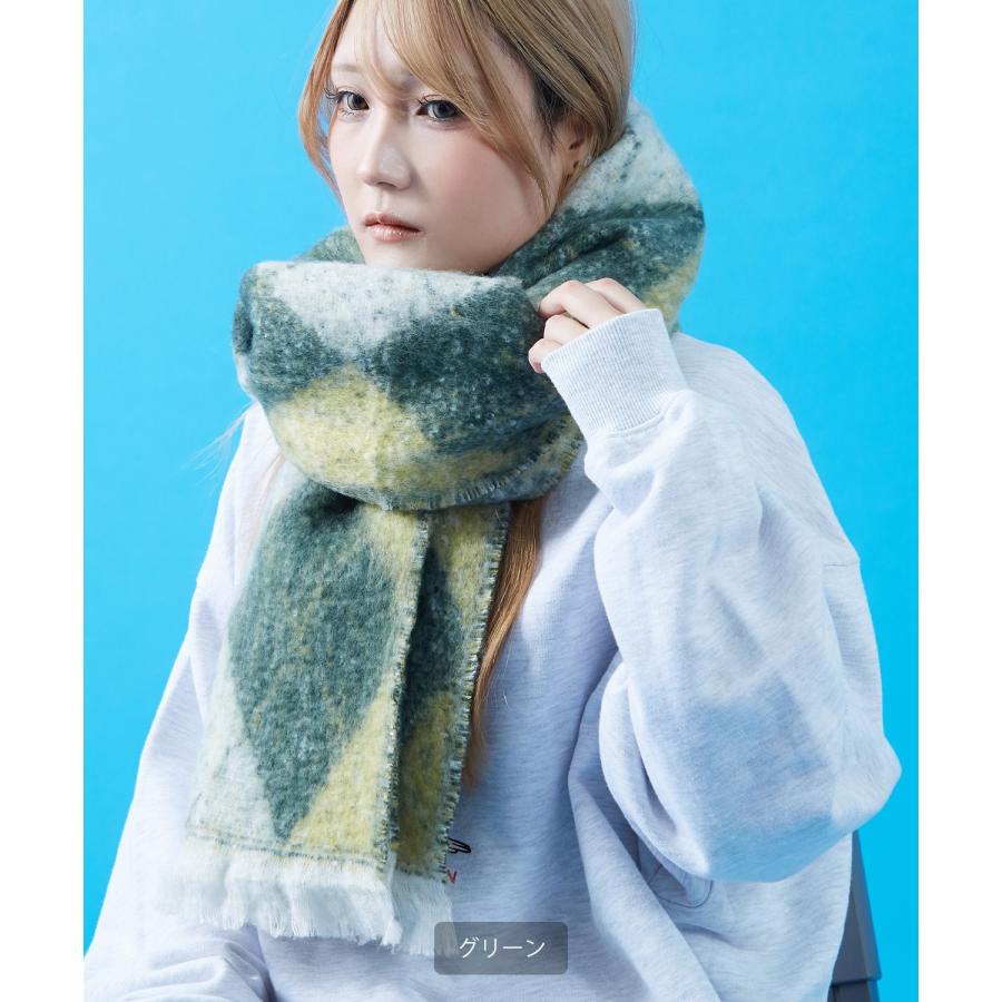 マフラー レディース メンズ 大判 厚手 ボリューム アーガイルチェック 柄マフラー フリンジ 防寒 暖かい ストリート カジュアル 韓国 ビッグシルエット | improves | 07