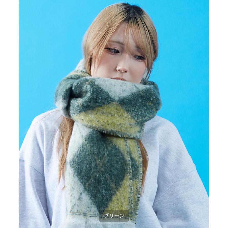 マフラー レディース メンズ 大判 厚手 ボリューム アーガイルチェック 柄マフラー フリンジ 防寒 暖かい ストリート カジュアル 韓国 ビッグシルエット | improves | 08