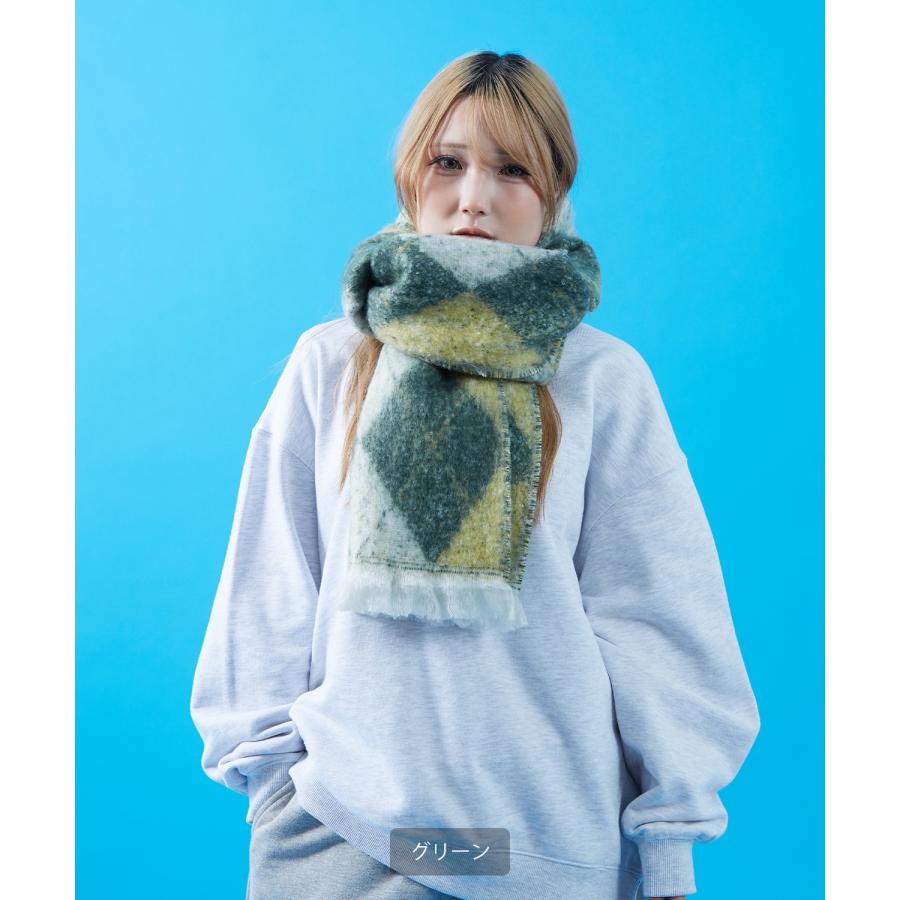 マフラー レディース メンズ 大判 厚手 ボリューム アーガイルチェック 柄マフラー フリンジ 防寒 暖かい ストリート カジュアル 韓国 ビッグシルエット | improves | 09