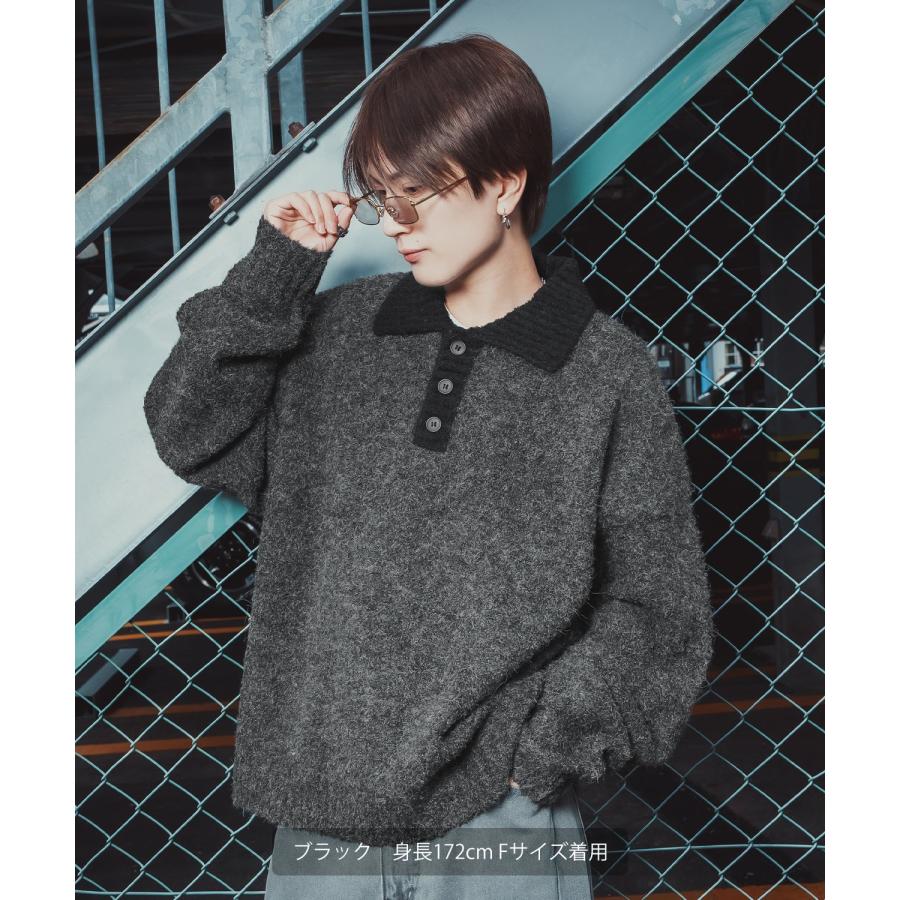 ポロニット セーター メンズ レディース モヘアライク ルーズシルエット ボリューム袖 長袖 カーリーニット レトロ カジュアル ユニセックス ゆるニット | improves | 03