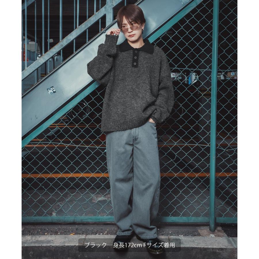 ポロニット セーター メンズ レディース モヘアライク ルーズシルエット ボリューム袖 長袖 カーリーニット レトロ カジュアル ユニセックス ゆるニット | improves | 05