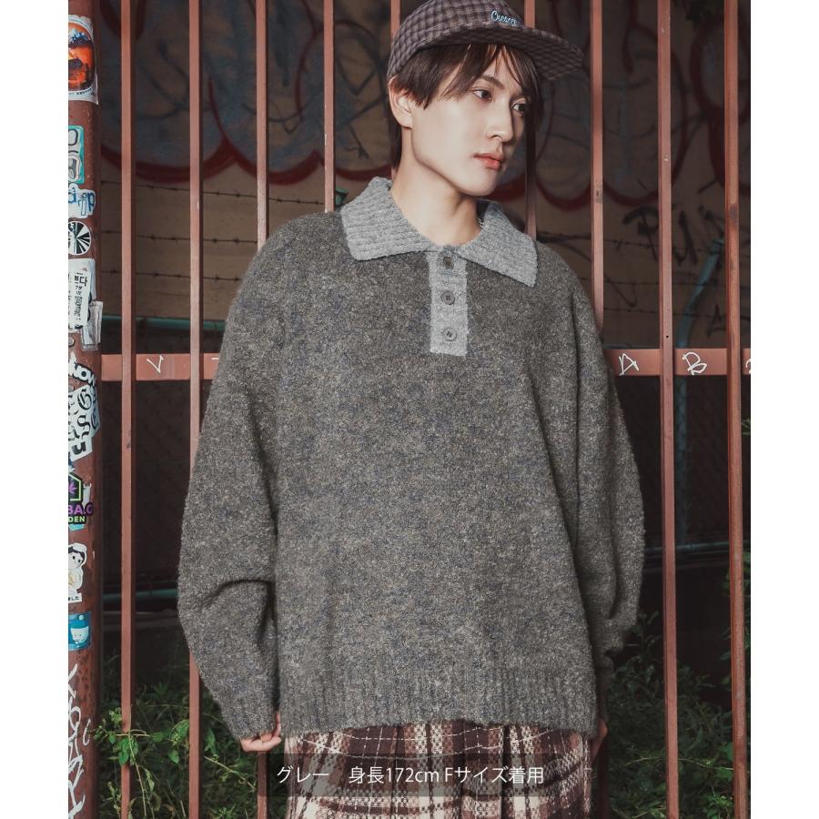 ポロニット セーター メンズ レディース モヘアライク ルーズシルエット ボリューム袖 長袖 カーリーニット レトロ カジュアル ユニセックス ゆるニット | improves | 07