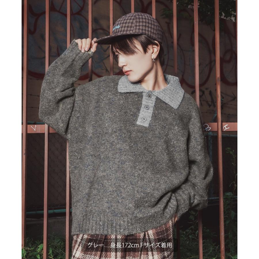 ポロニット セーター メンズ レディース モヘアライク ルーズシルエット ボリューム袖 長袖 カーリーニット レトロ カジュアル ユニセックス ゆるニット | improves | 08