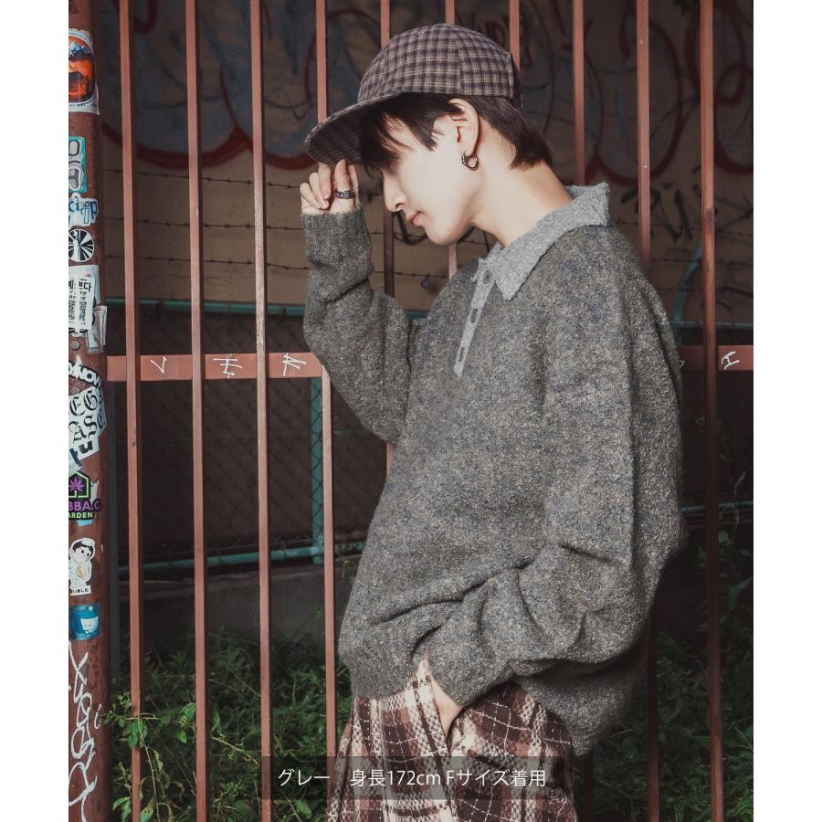 ポロニット セーター メンズ レディース モヘアライク ルーズシルエット ボリューム袖 長袖 カーリーニット レトロ カジュアル ユニセックス ゆるニット | improves | 09