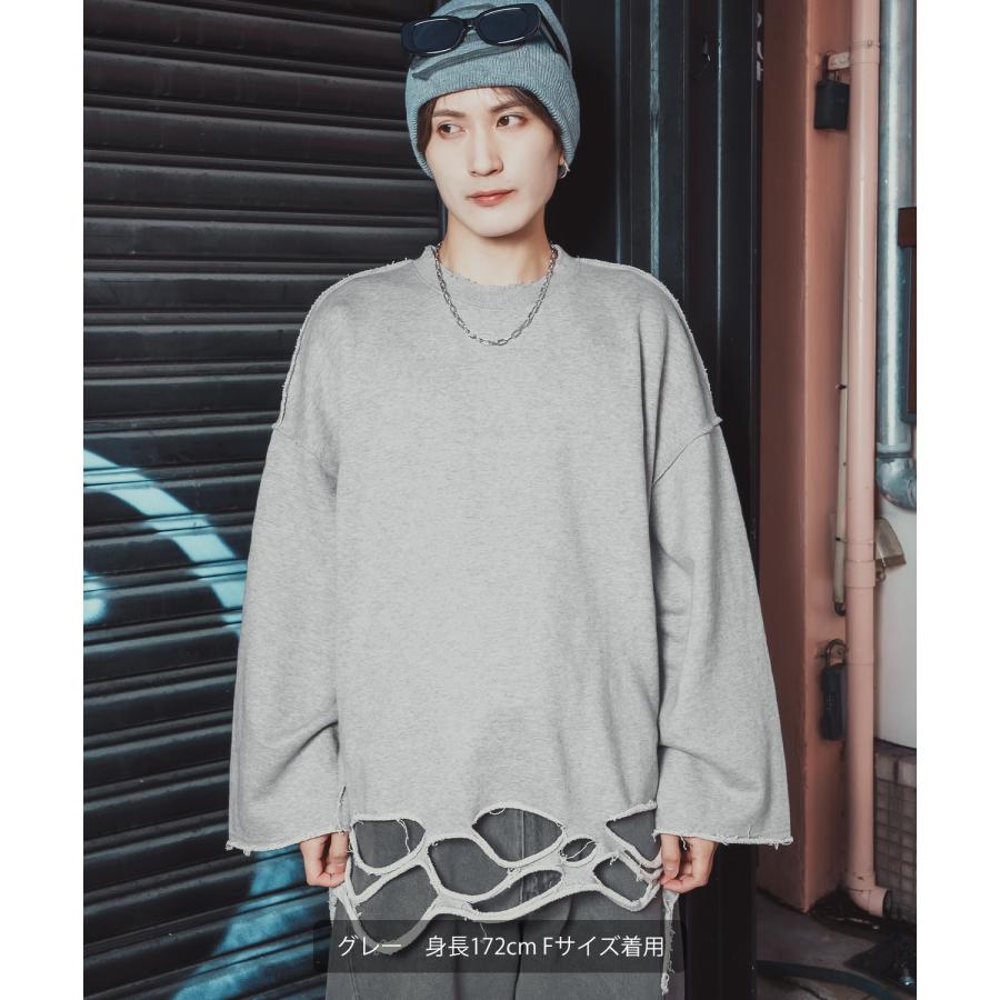 ダメージスウェット メンズ レディース ビッグシルエット ストリート Y2K ロンT カットソー グランジ ユーズド加工 オーバーサイズ 古着風 韓国 | improves | 17