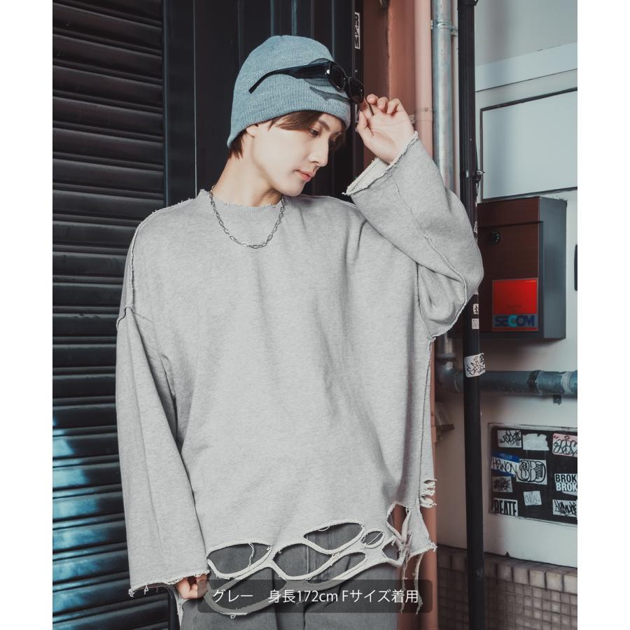 ダメージスウェット メンズ レディース ビッグシルエット ストリート Y2K ロンT カットソー グランジ ユーズド加工 オーバーサイズ 古着風 韓国 | improves | 18