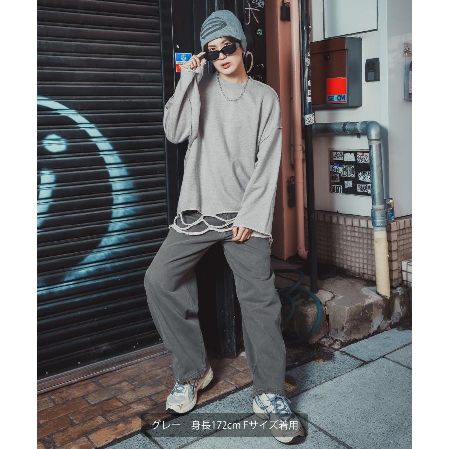 ダメージスウェット メンズ レディース ビッグシルエット ストリート Y2K ロンT カットソー グランジ ユーズド加工 オーバーサイズ 古着風 韓国 | improves | 20