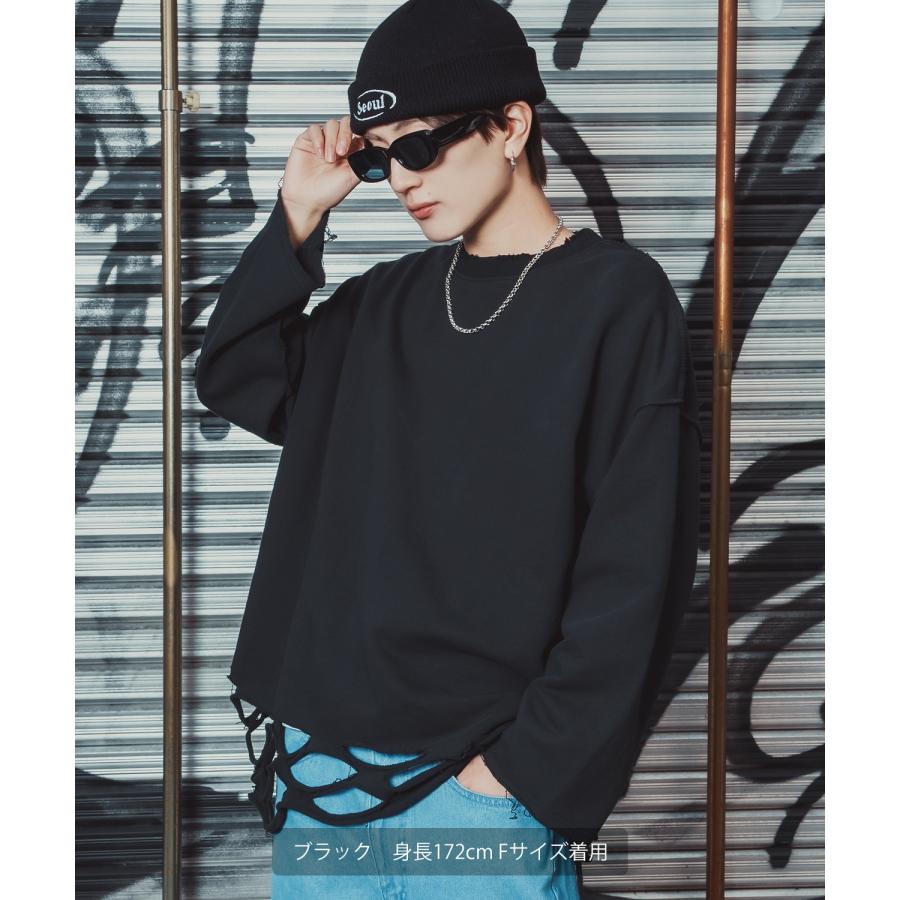 ダメージスウェット メンズ レディース ビッグシルエット ストリート Y2K ロンT カットソー グランジ ユーズド加工 オーバーサイズ 古着風 韓国 | improves | 08