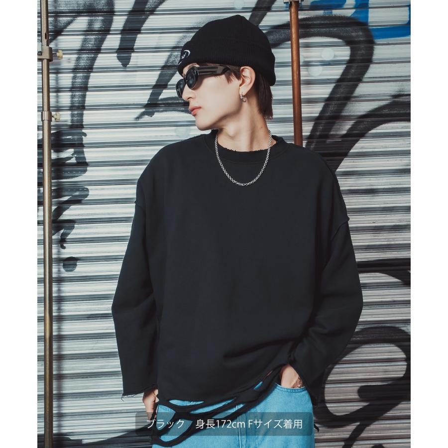 ダメージスウェット メンズ レディース ビッグシルエット ストリート Y2K ロンT カットソー グランジ ユーズド加工 オーバーサイズ 古着風 韓国 | improves | 09