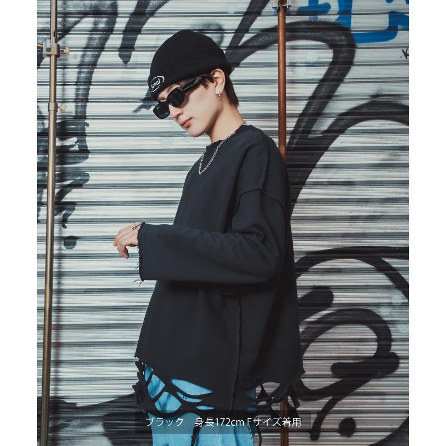 ダメージスウェット メンズ レディース ビッグシルエット ストリート Y2K ロンT カットソー グランジ ユーズド加工 オーバーサイズ 古着風 韓国 | improves | 10