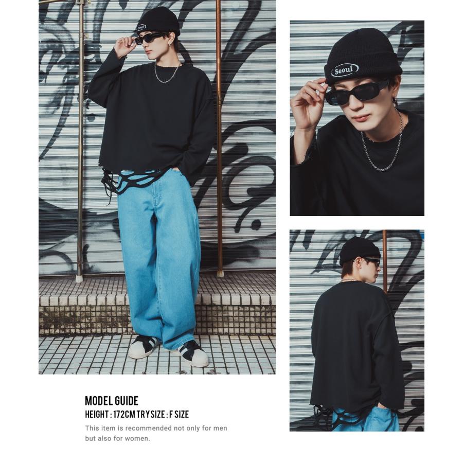 ダメージスウェット メンズ レディース ビッグシルエット ストリート Y2K ロンT カットソー グランジ ユーズド加工 オーバーサイズ 古着風 韓国 | improves | 11