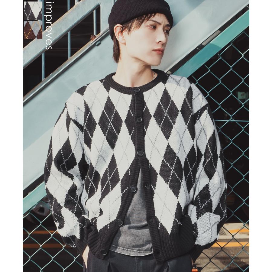 アーガイルカーディガン メンズ レディース ニット 総柄 オーバーサイズ ビッグシルエット 韓国ファッション ストリート 古着MIX 秋 冬 | improves