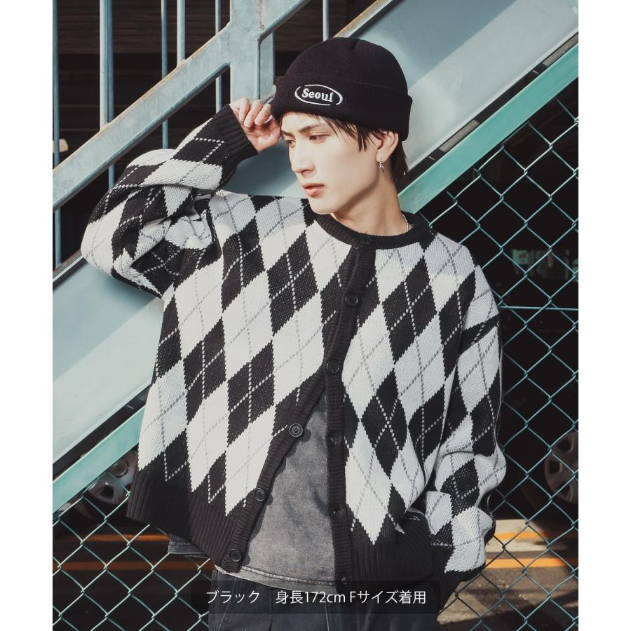 アーガイルカーディガン メンズ レディース ニット 総柄 オーバーサイズ ビッグシルエット 韓国ファッション ストリート 古着MIX 秋 冬 | improves | 03