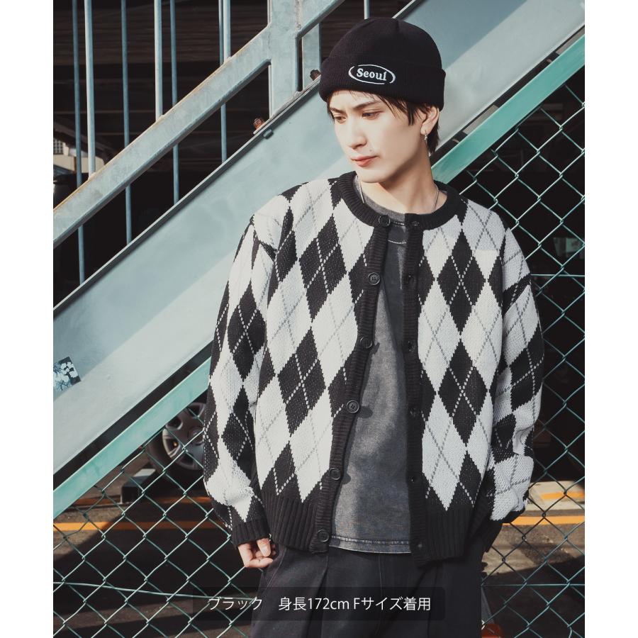 アーガイルカーディガン メンズ レディース ニット 総柄 オーバーサイズ ビッグシルエット 韓国ファッション ストリート 古着MIX 秋 冬 | improves | 04