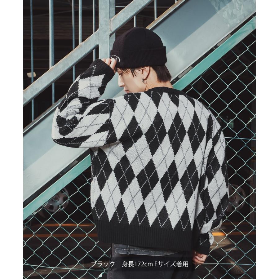 アーガイルカーディガン メンズ レディース ニット 総柄 オーバーサイズ ビッグシルエット 韓国ファッション ストリート 古着MIX 秋 冬 | improves | 05