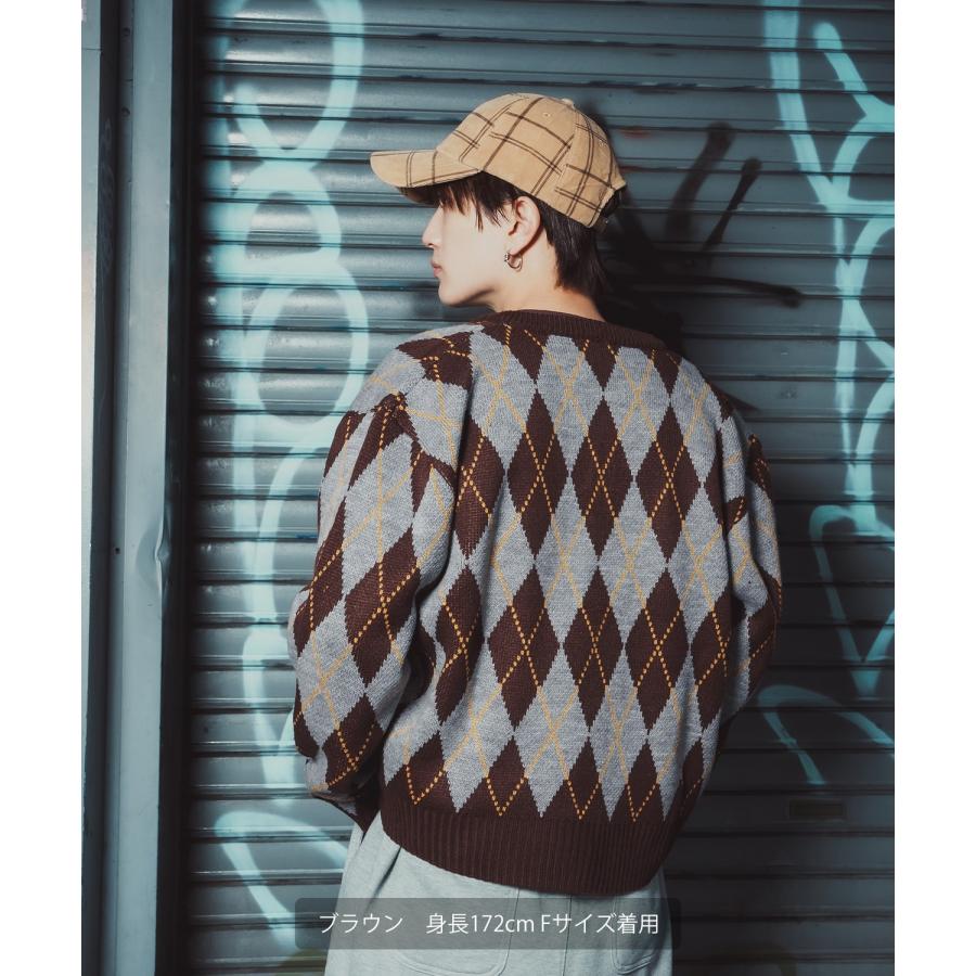 アーガイルカーディガン メンズ レディース ニット 総柄 オーバーサイズ ビッグシルエット 韓国ファッション ストリート 古着MIX 秋 冬 | improves | 10