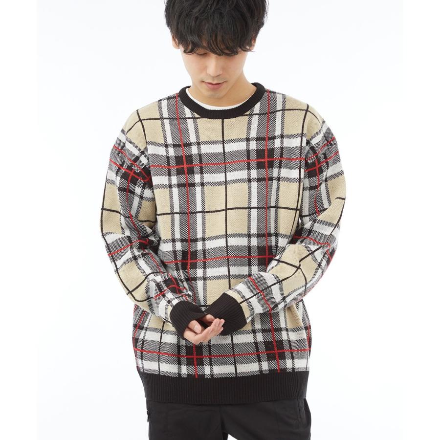 チェック ビッグシルエット ニット メンズ オーバーサイズ セーター 大きいサイズ ビッグニット クルーネック ジャガード | improves | 02