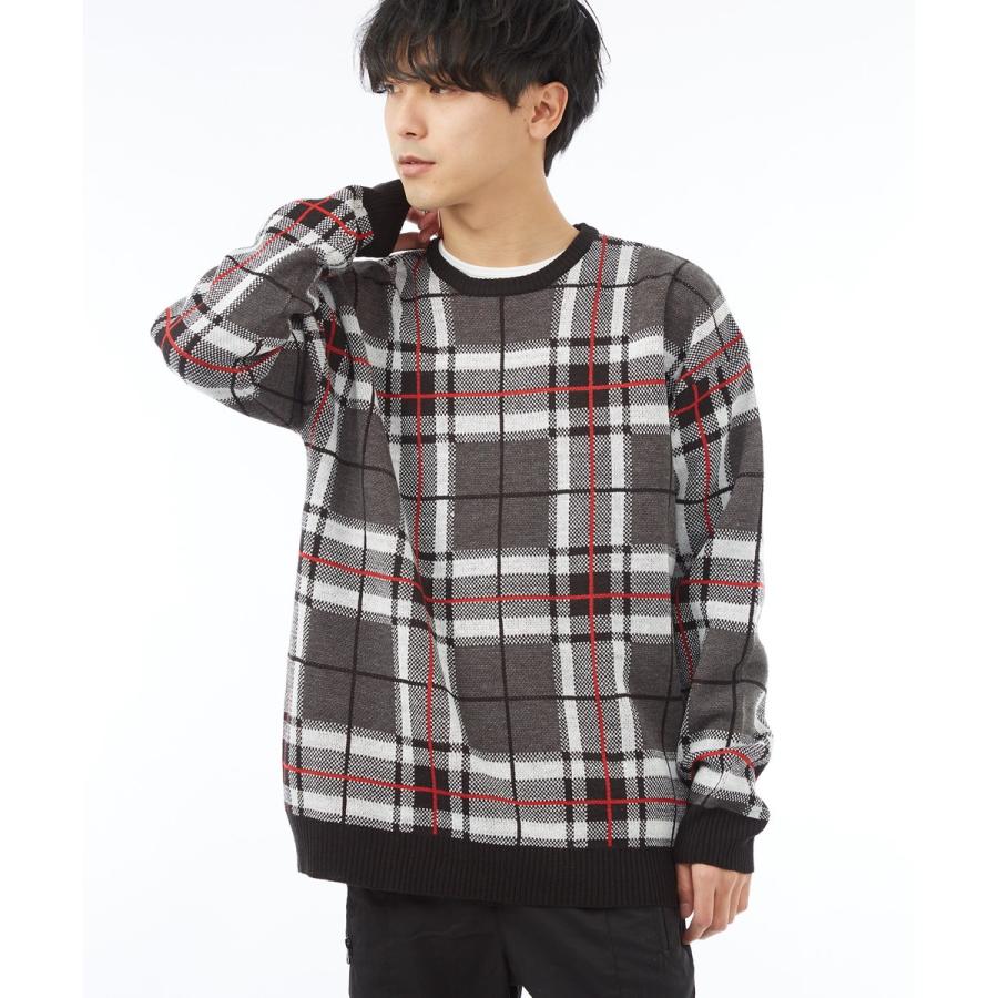 チェック ビッグシルエット ニット メンズ オーバーサイズ セーター 大きいサイズ ビッグニット クルーネック ジャガード | improves | 04