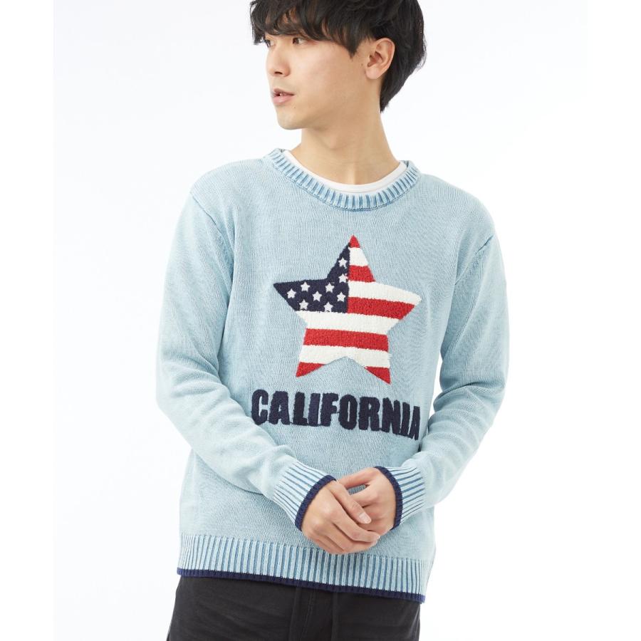 星条旗 サガラ ワッペン ニット メンズ セーター アメリカ国旗 クルーネック ジャガード スター 長袖 カットソー ホワイト | improves | 01