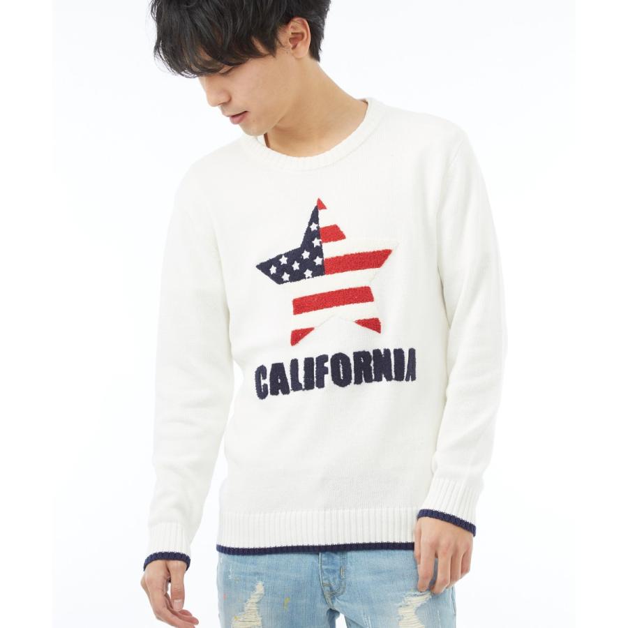 星条旗 サガラ ワッペン ニット メンズ セーター アメリカ国旗 クルーネック ジャガード スター 長袖 カットソー ホワイト | improves | 02
