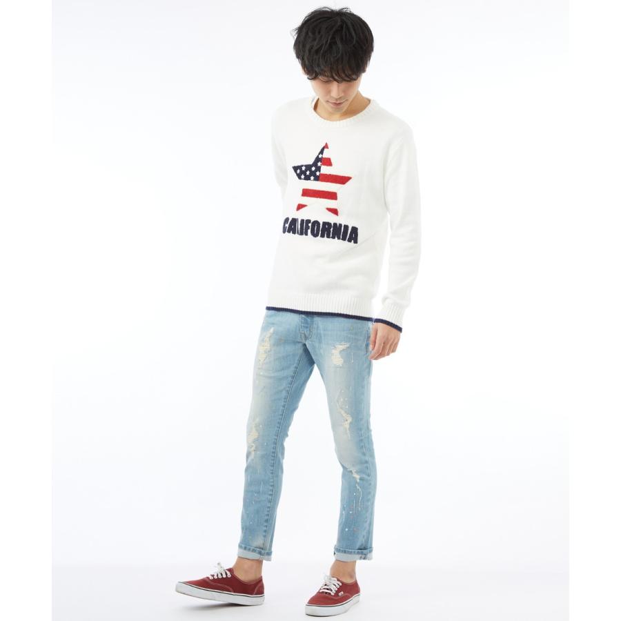 星条旗 サガラ ワッペン ニット メンズ セーター アメリカ国旗 クルーネック ジャガード スター 長袖 カットソー ホワイト | improves | 03