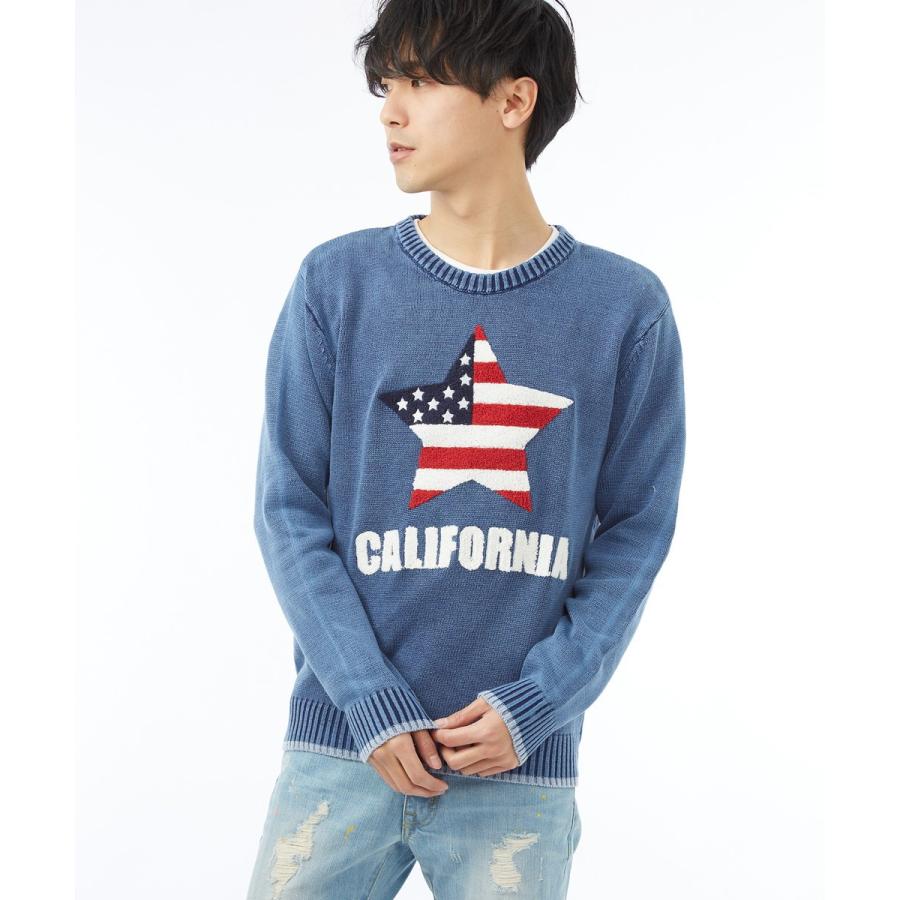 星条旗 サガラ ワッペン ニット メンズ セーター アメリカ国旗 クルーネック ジャガード スター 長袖 カットソー ホワイト | improves | 04