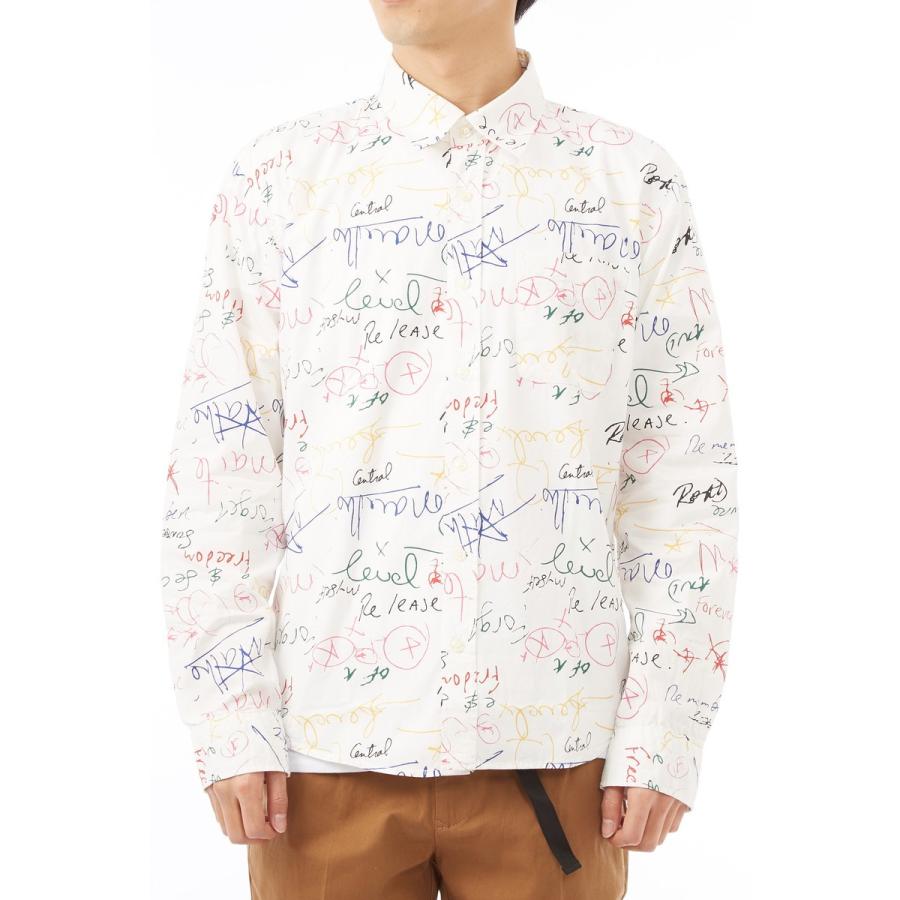 手書き風 総柄 プリント シャツ メンズ 長袖 ブラウス 長袖シャツ レトロ 柄シャツ ホワイト 白 ストリート系 | improves | 10