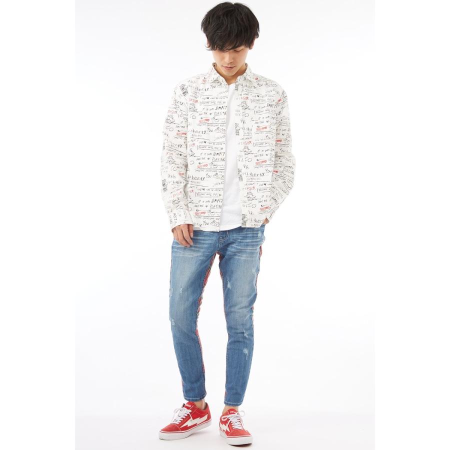 手書き風 総柄 プリント シャツ メンズ 長袖 ブラウス 長袖シャツ レトロ 柄シャツ ホワイト 白 ストリート系 | improves | 02