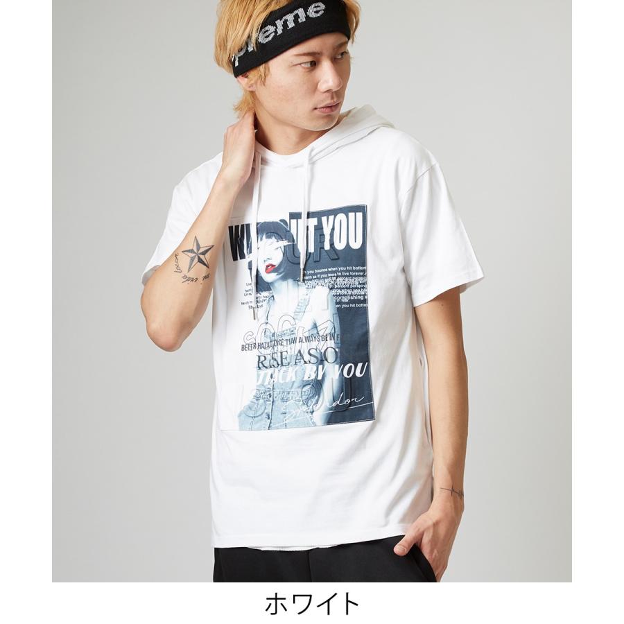 Tシャツ メンズ パーカー カットソー 半袖 フード Tパーカー ボックスロゴ ガールズ フォト エンボス加工 プリント トップス ブラック | improves | 01