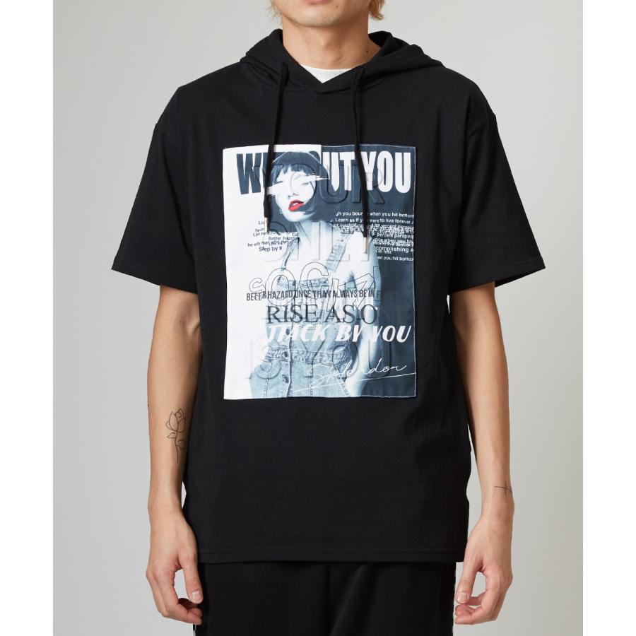 Tシャツ メンズ パーカー カットソー 半袖 フード Tパーカー ボックスロゴ ガールズ フォト エンボス加工 プリント トップス ブラック | improves | 05