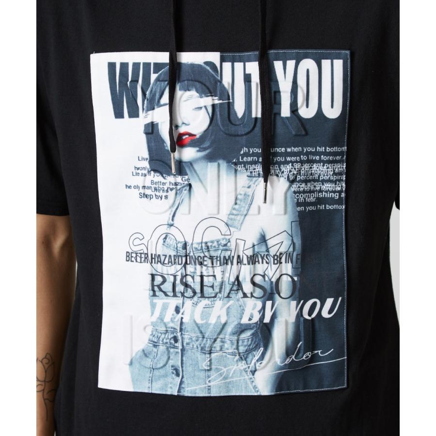 Tシャツ メンズ パーカー カットソー 半袖 フード Tパーカー ボックスロゴ ガールズ フォト エンボス加工 プリント トップス ブラック | improves | 08