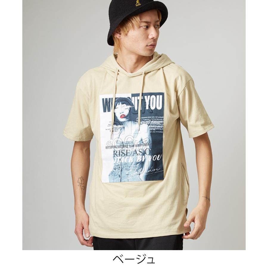 Tシャツ メンズ パーカー カットソー 半袖 フード Tパーカー ボックスロゴ ガールズ フォト エンボス加工 プリント トップス ブラック | improves | 03