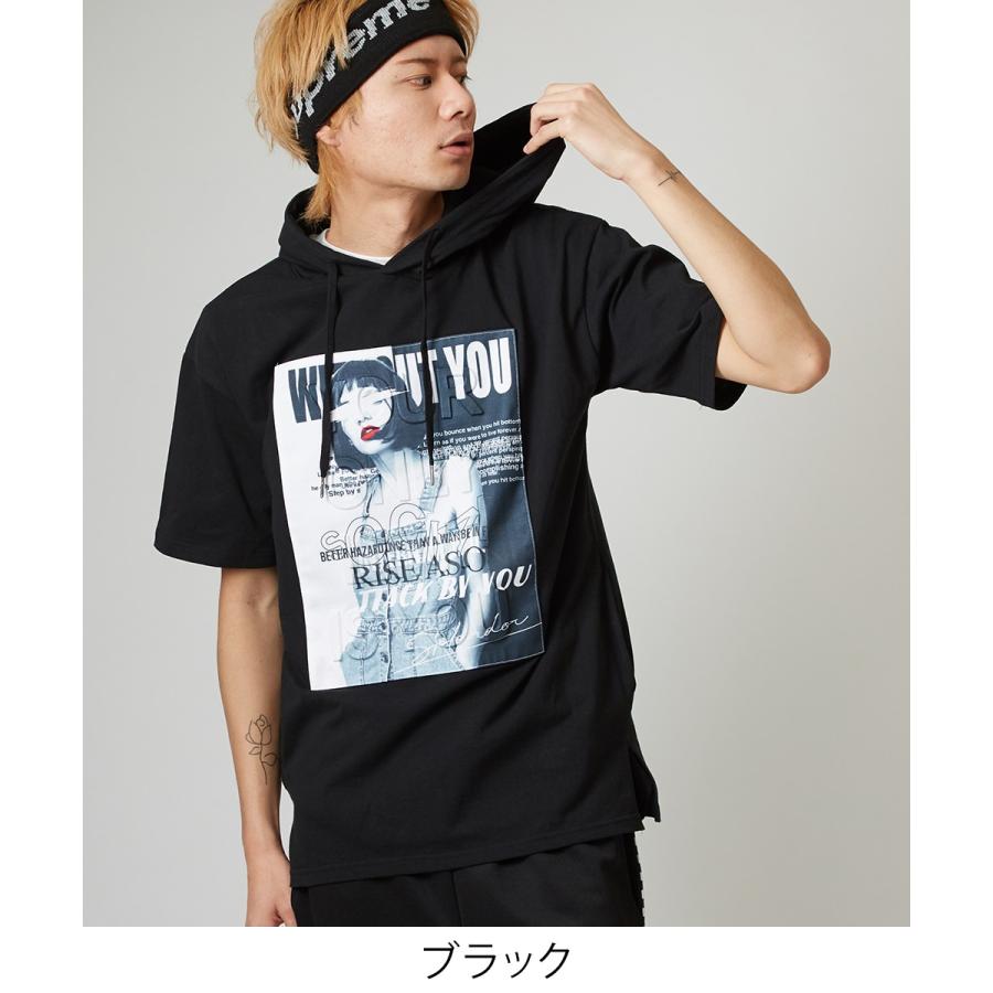 Tシャツ メンズ パーカー カットソー 半袖 フード Tパーカー ボックスロゴ ガールズ フォト エンボス加工 プリント トップス ブラック | improves | 04