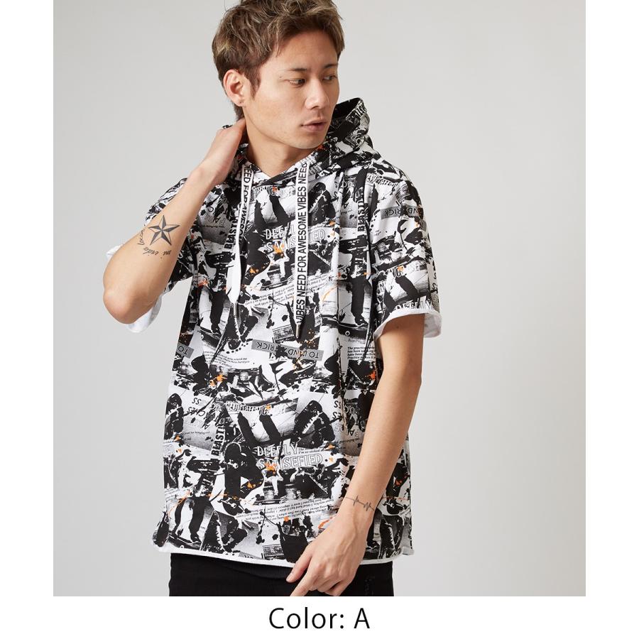 ビッグTシャツ メンズ ビッグパーカー ビッグシルエット Tシャツ カットソー 半袖 フード Tパーカー ストリート系 プリント 総柄 白 黒 | improves | 01